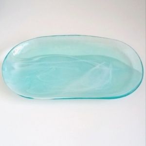 ArdaCam Blue Swirl Tabletop Turkish Blown Glass Serving Platter 14” x 7 1/2”